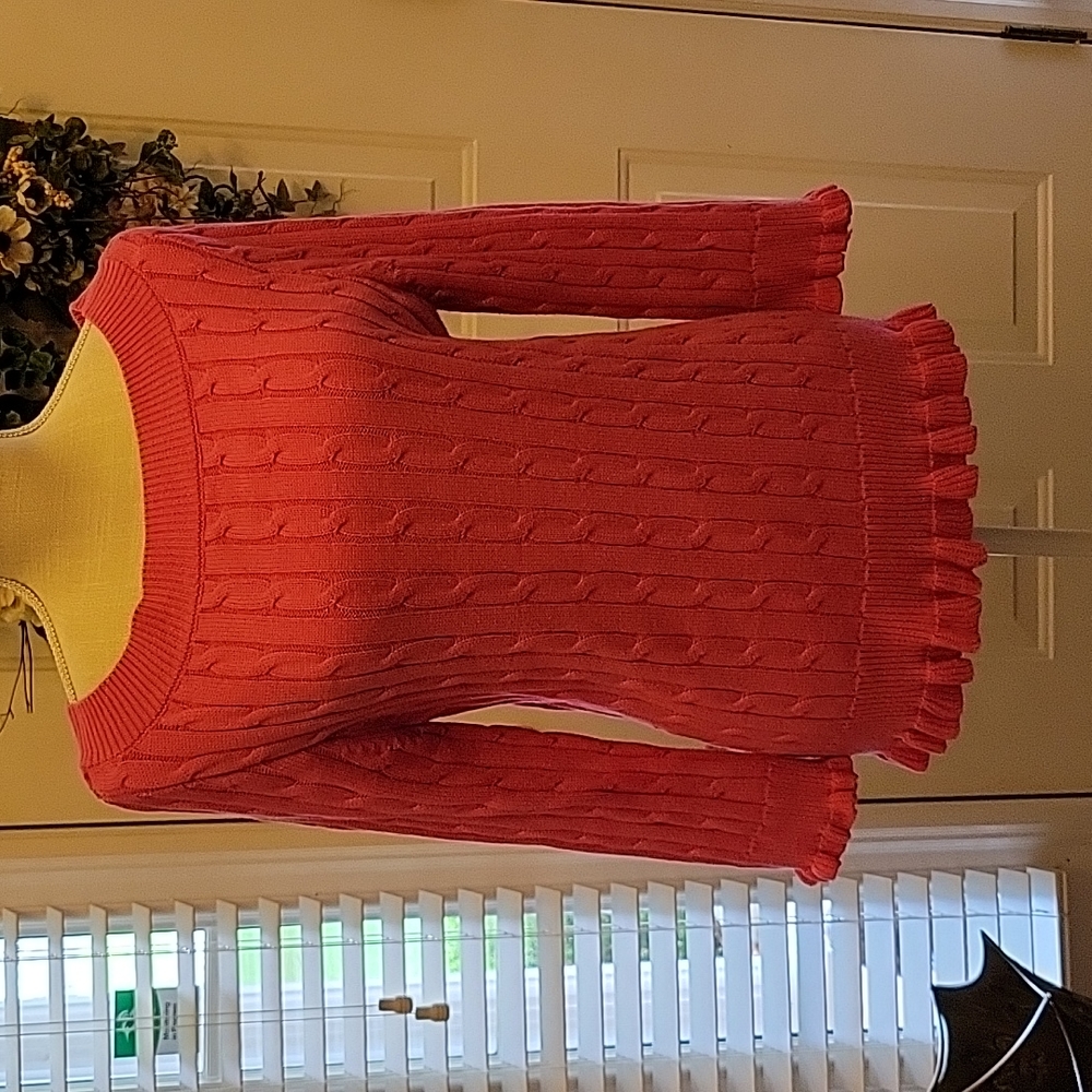 American Living pink cable knit pullover sweater boat neck ruffle 3/4 slv L EUC…
